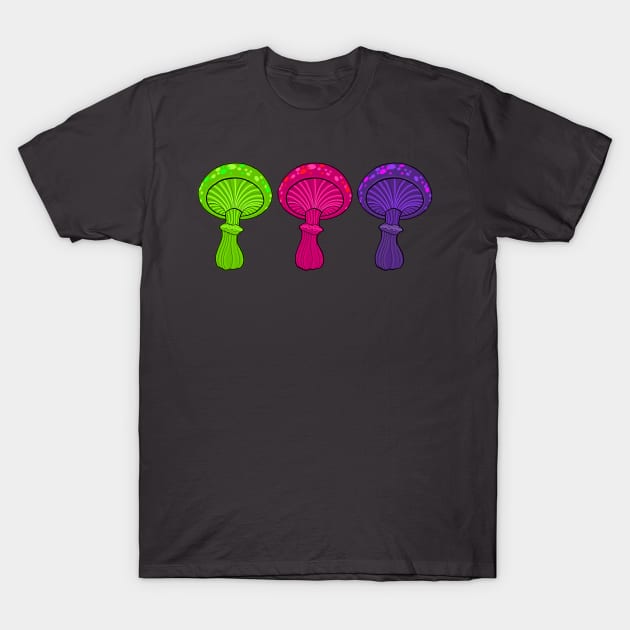 Three New School Mushrooms Dancing In A Row T-Shirt by ckandrus